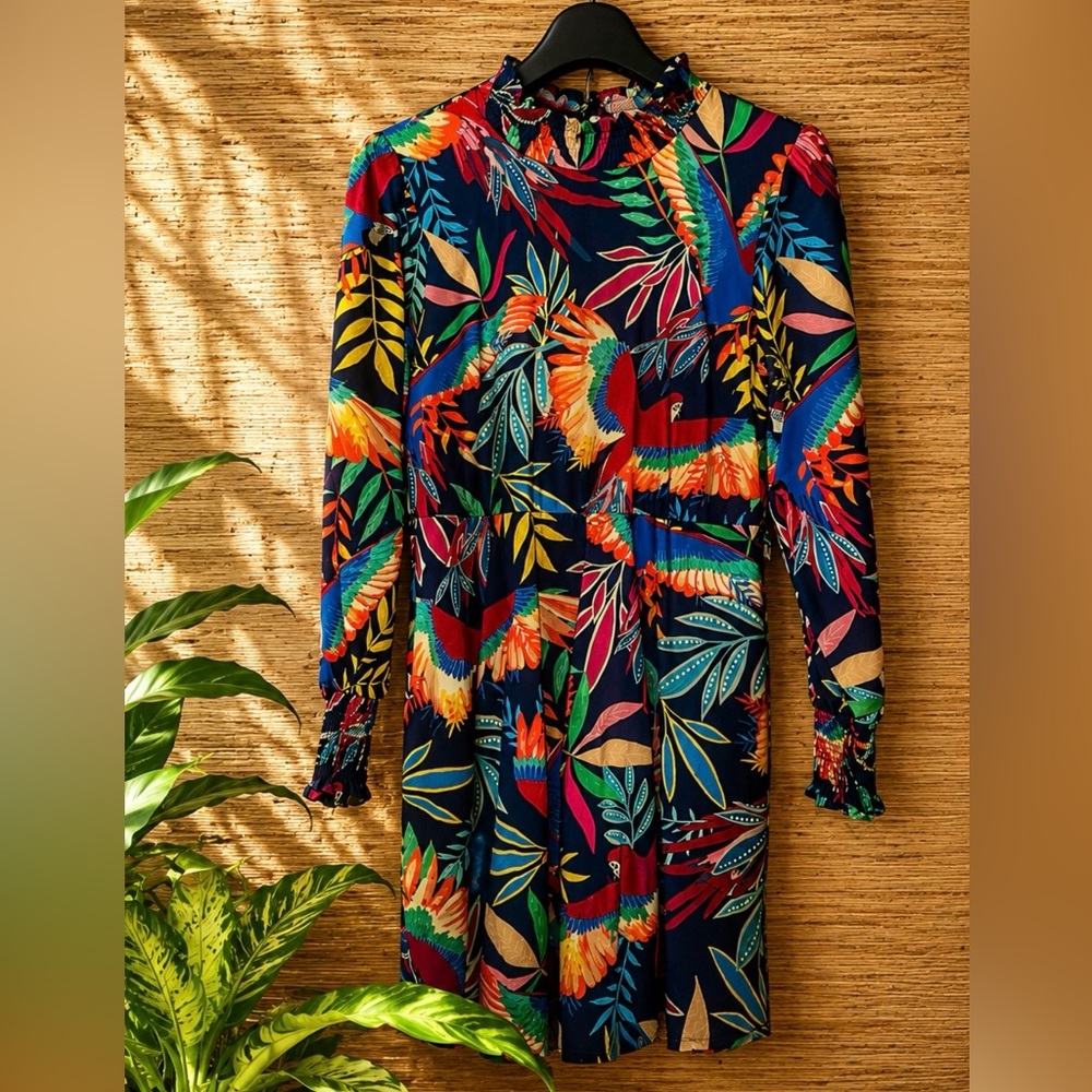ANTHRO FARM RÍO AVES MINI DRESS smocked poplin lined bright bold color LARGE - Picture 4 of 13
